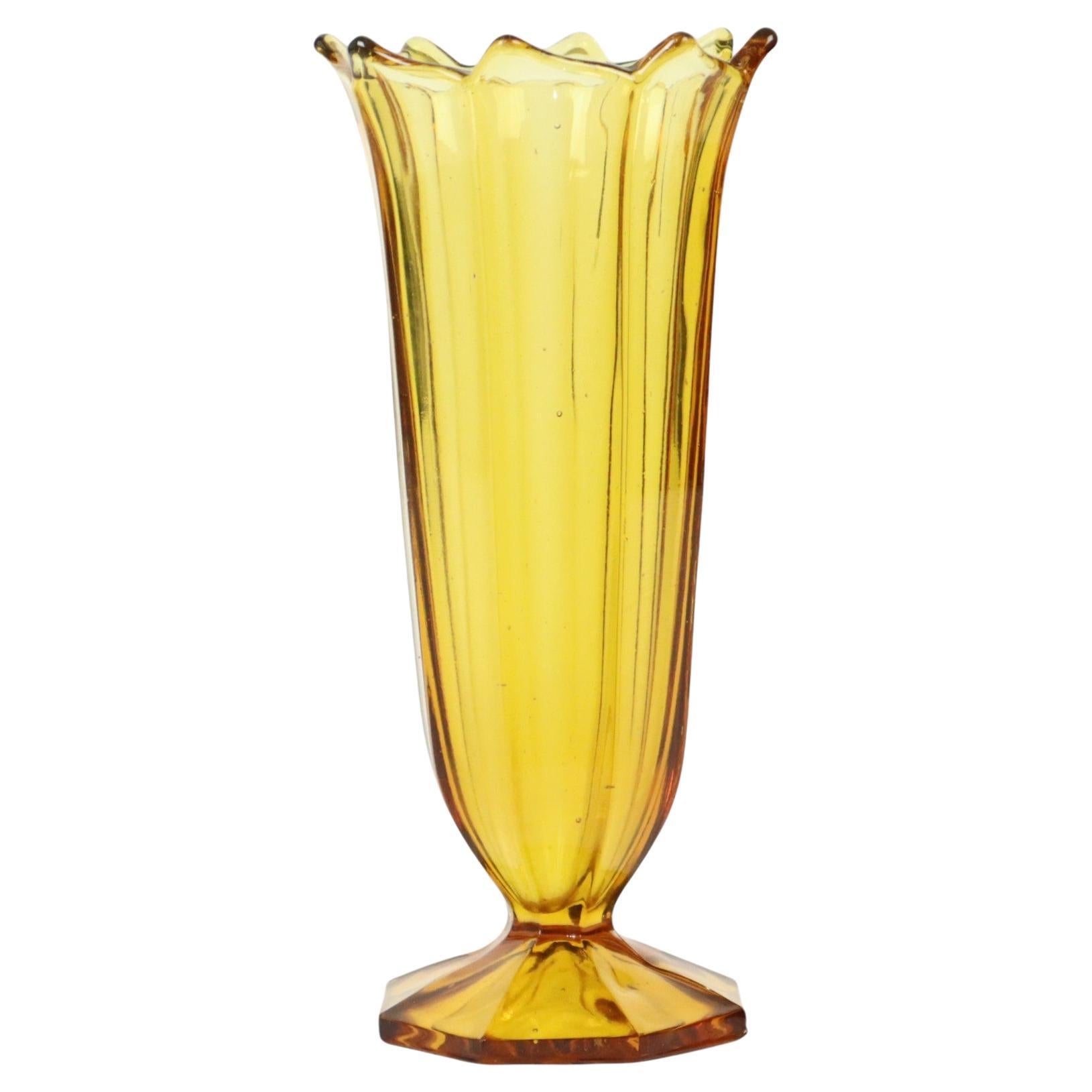Art Deco Vase Pressed Glass Amber Rosice Glassworks 21cm For Sale