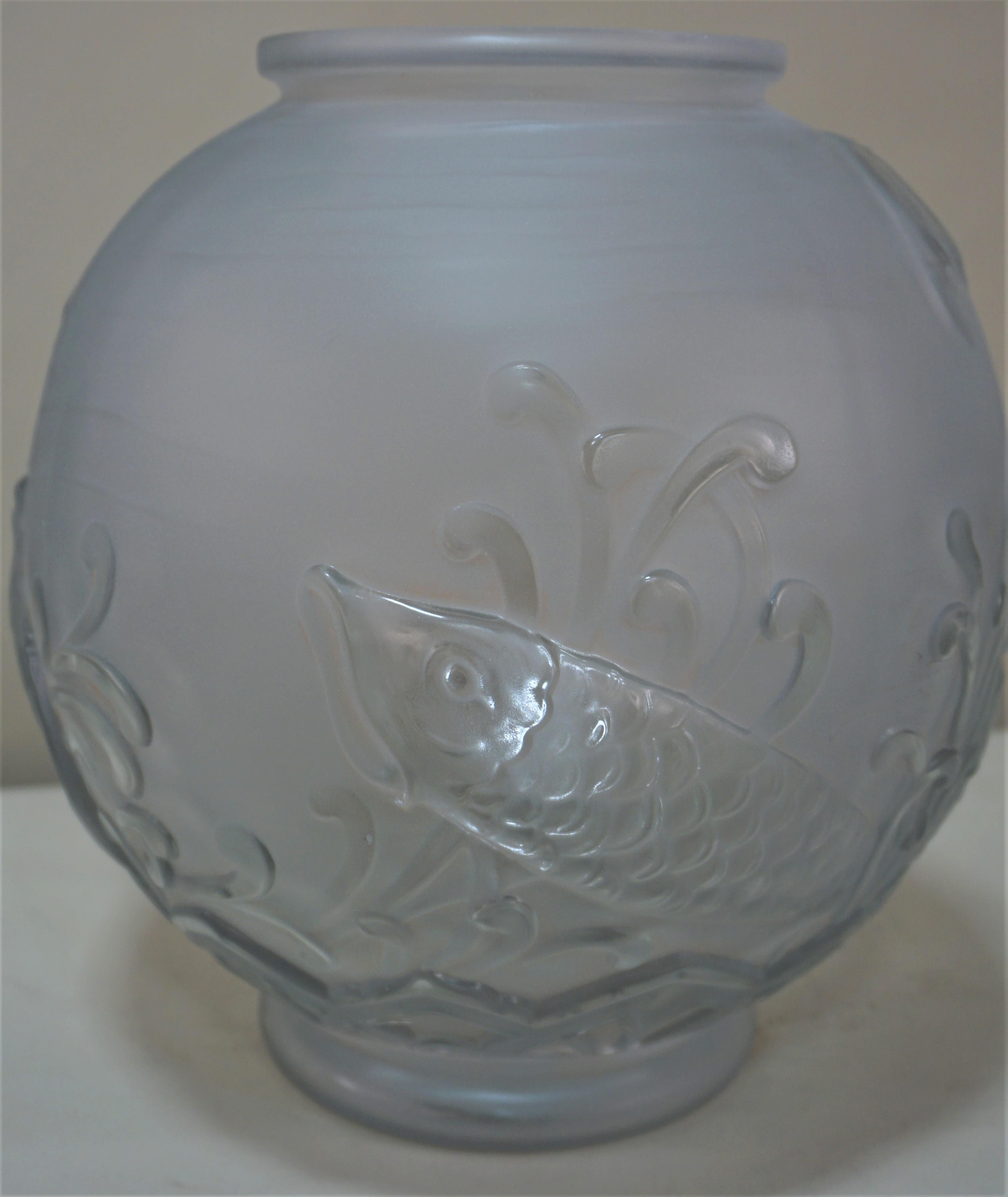 Glass Art Deco Vase Swimming Koi Fish by Verreries D'art Lorraine, French, 1920s
