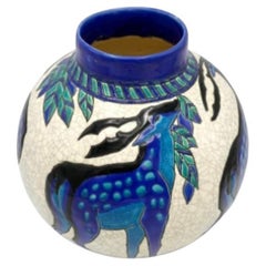 Art Deco Vase With Four Views of Blue Deer on a White Crackled Ground
