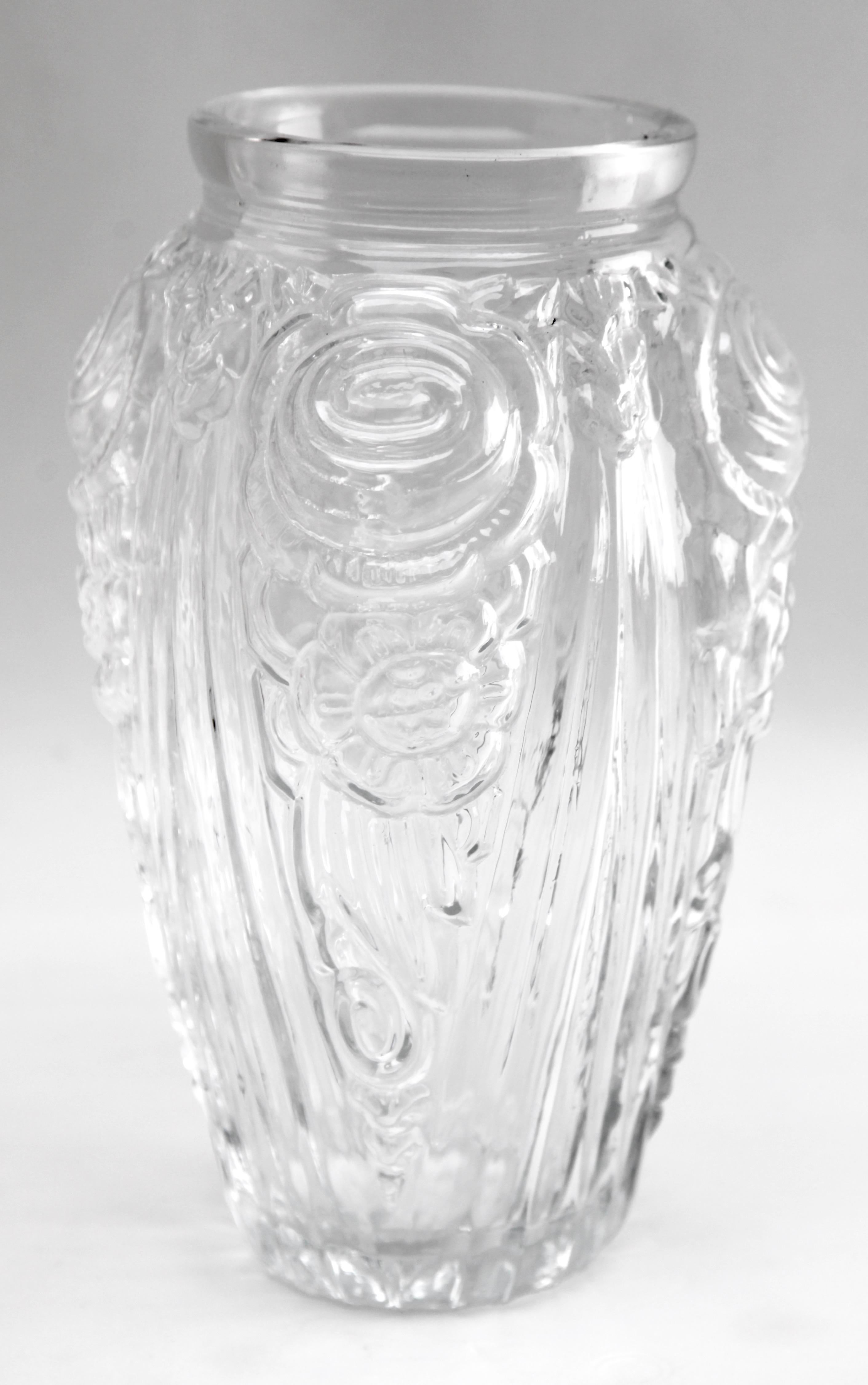 Molded Art Deco Vase with Frosted Flower Motif, Julius Stolle 'Niemen Stolle, Poland'