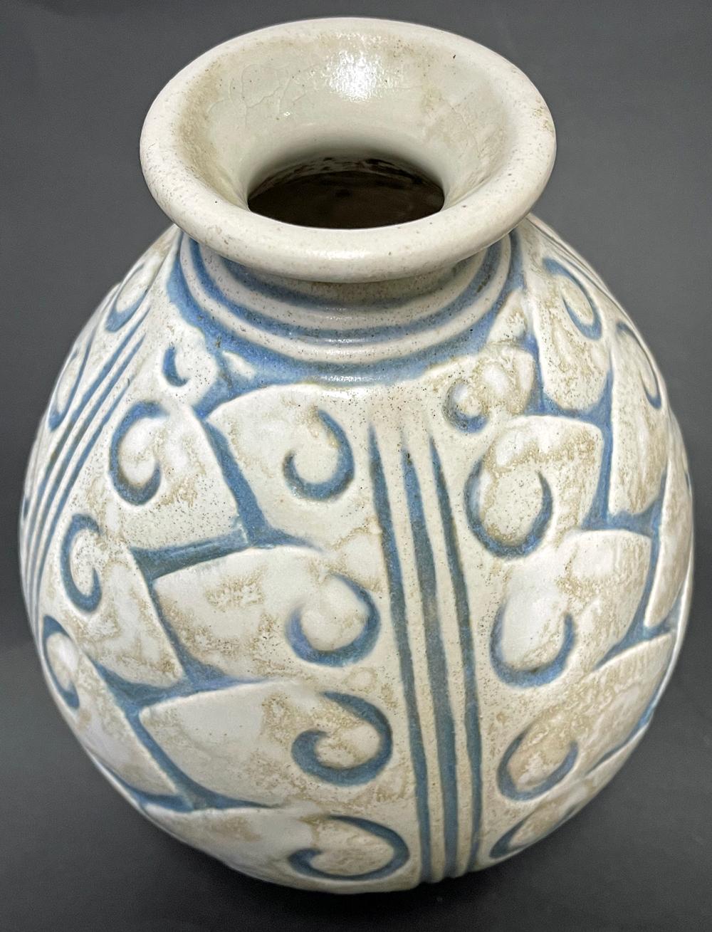 French Art Deco Vase with Stylized Foliate Forms, Blue and Gray, by Mougin