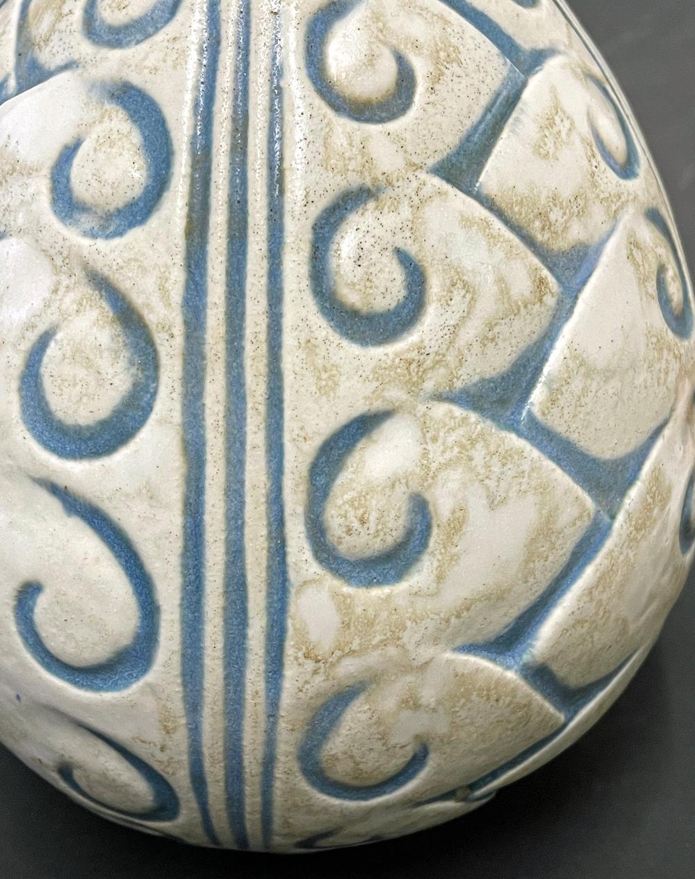 Glazed Art Deco Vase with Stylized Foliate Forms, Blue and Gray, by Mougin
