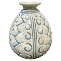 Art Deco Vase with Stylized Foliate Forms, Blue and Gray, by Mougin