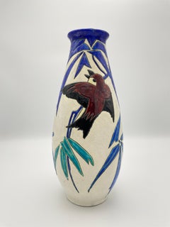 Art Deco Vase With Three Brown Birds and Blue Branches on White Backdrop