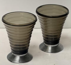 Art Deco Vases of Ribbed Smoked Glass and Chrome - from France (Two available)