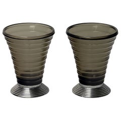 Art Deco Vases of Ribbed Smoked Glass and Chrome - from France (Two available)