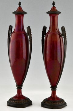 Art Deco Vases Red Ceramic and Bronze Paul Milet for Sèvres, 1920