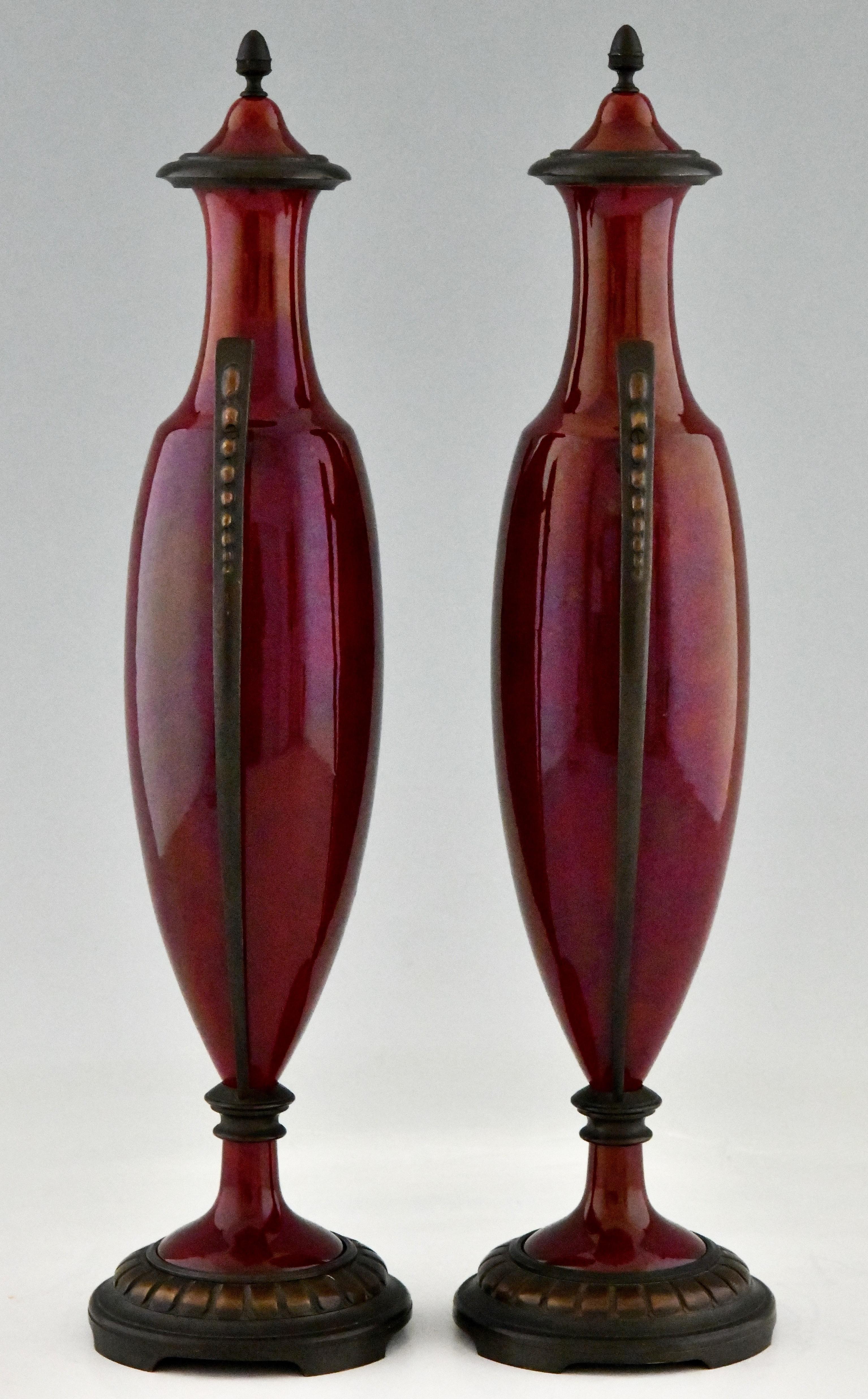 French Art Deco Vases Red Ceramic and Bronze Paul Milet for Sèvres, 1920 For Sale