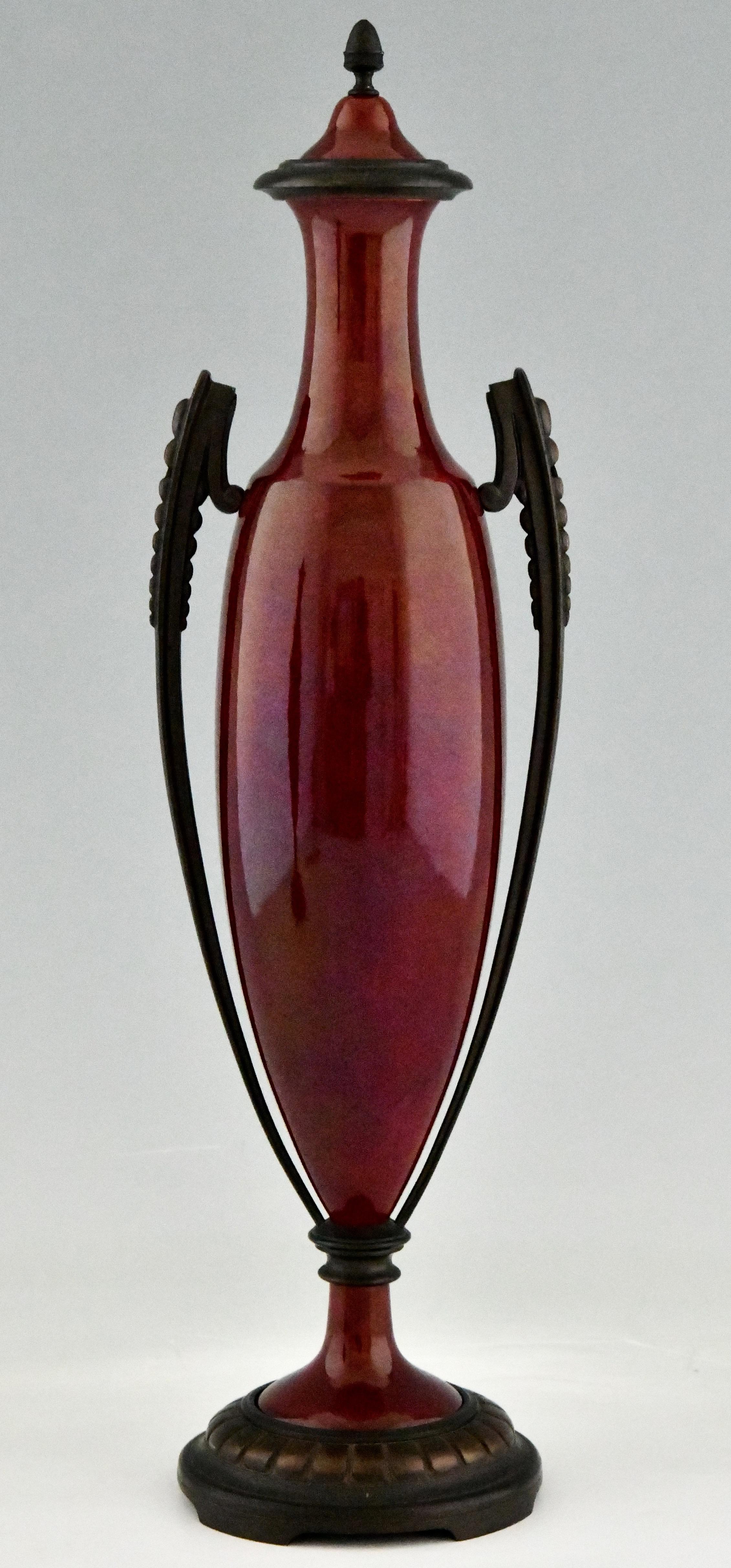 Early 20th Century Art Deco Vases Red Ceramic and Bronze Paul Milet for Sèvres, 1920 For Sale