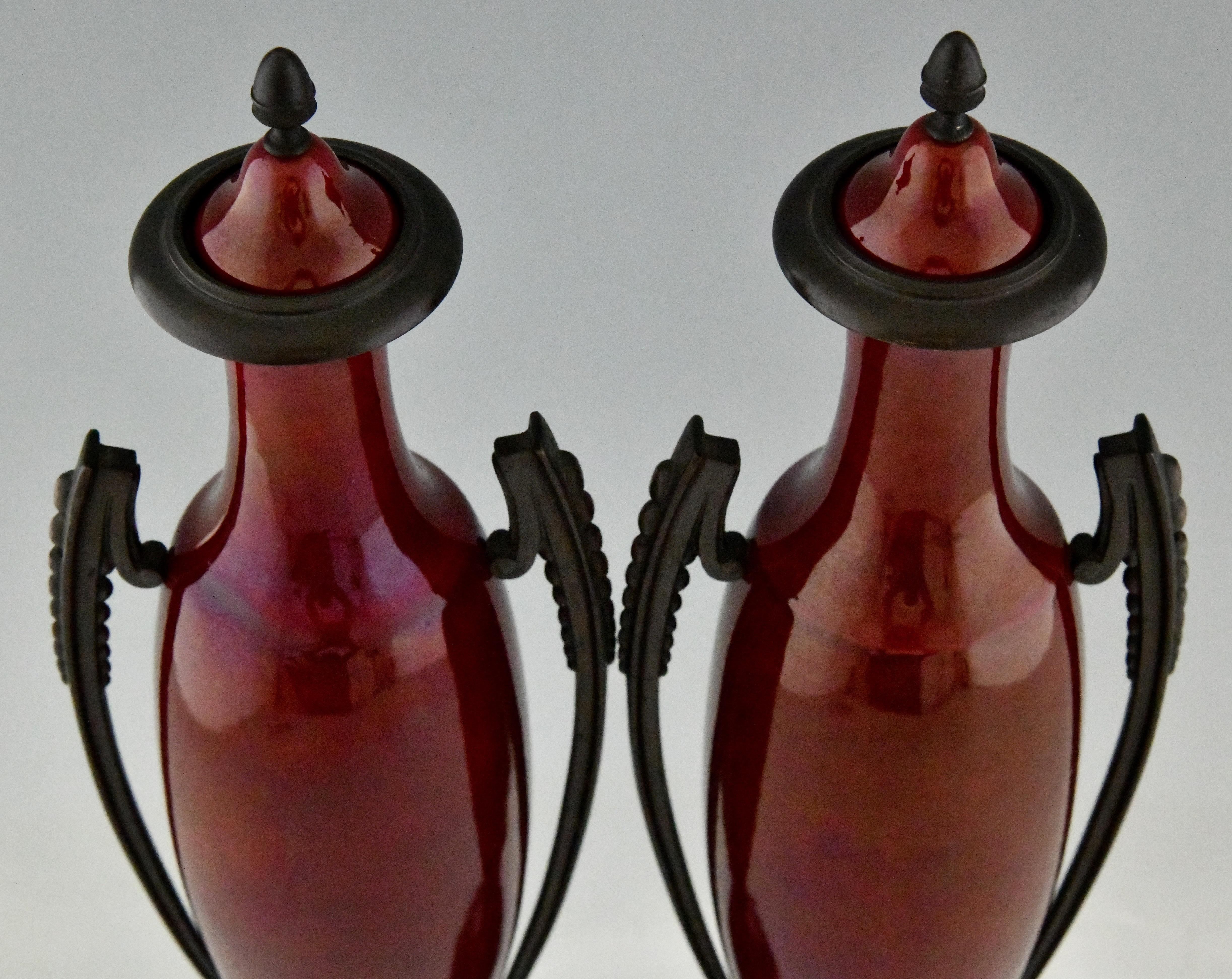 Art Deco Vases Red Ceramic and Bronze Paul Milet for Sèvres, 1920 For Sale 1