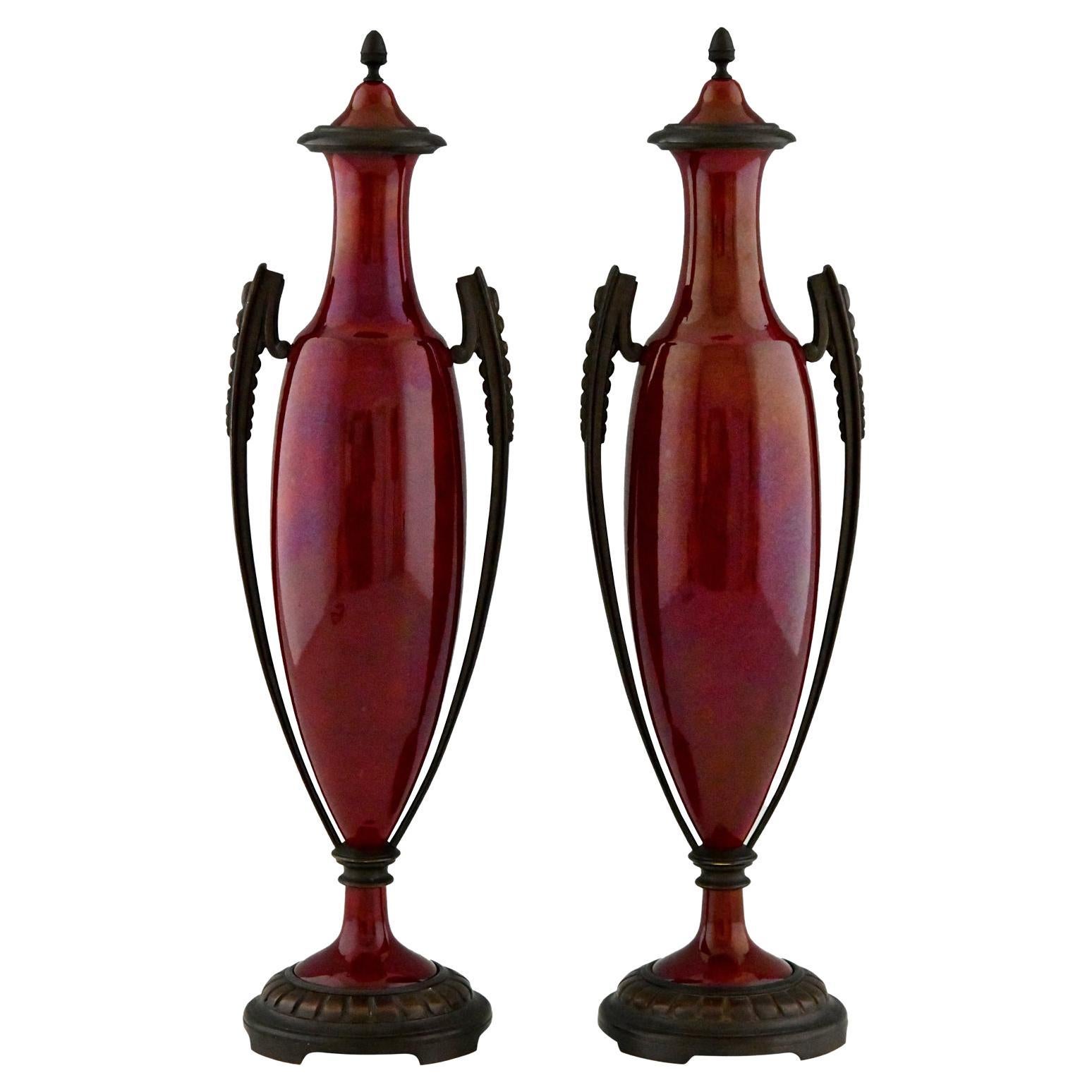 Vases Art Déco en céramique rouge et bronze Paul Milet pour Svres, 1920