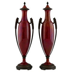Art Deco Vases Red Ceramic and Bronze Paul Milet for Sèvres, 1920
