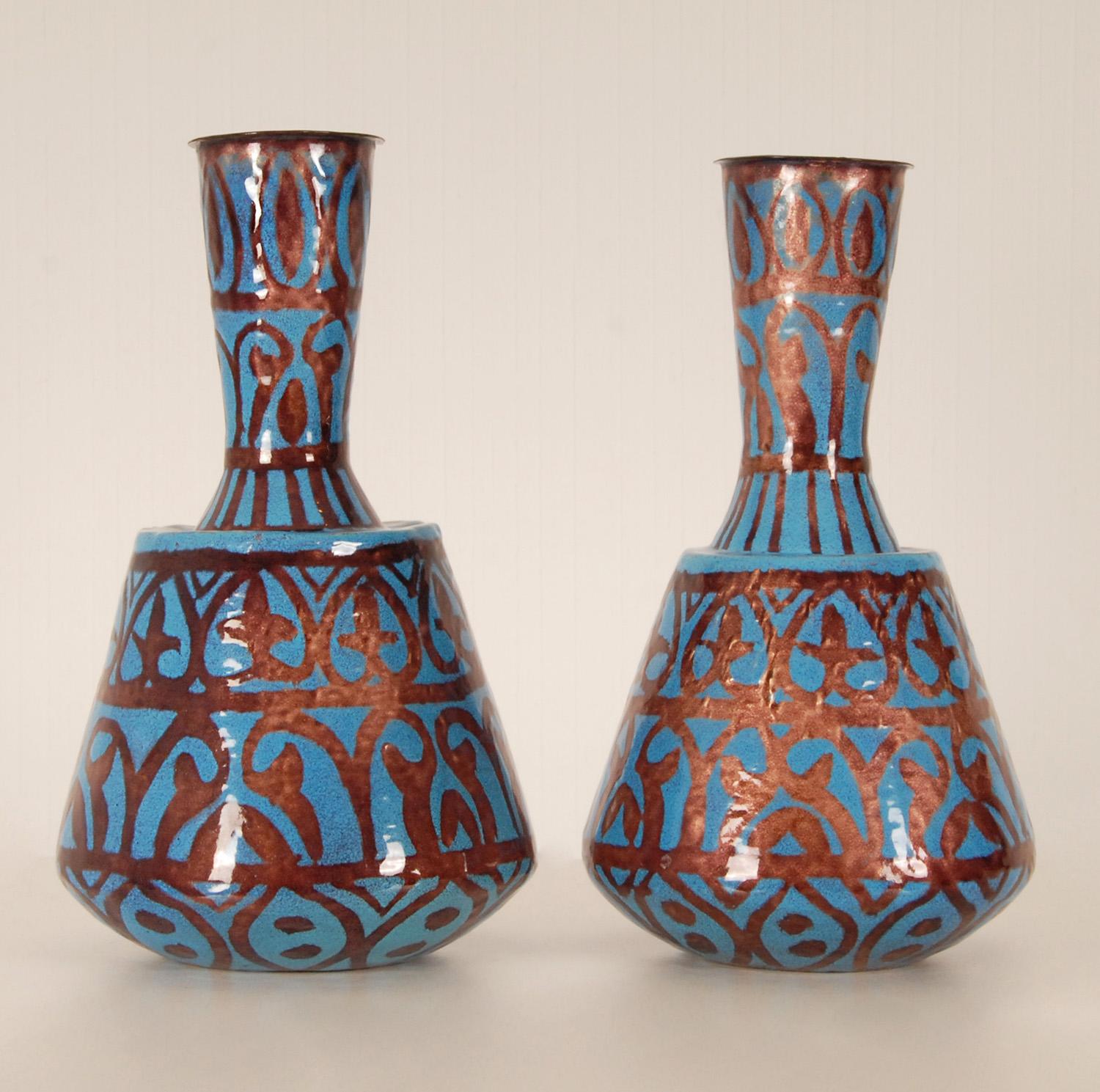 French Art Deco Vases Turqoise Blue and Iridescent Enamel on Copper Geometric Design Va For Sale