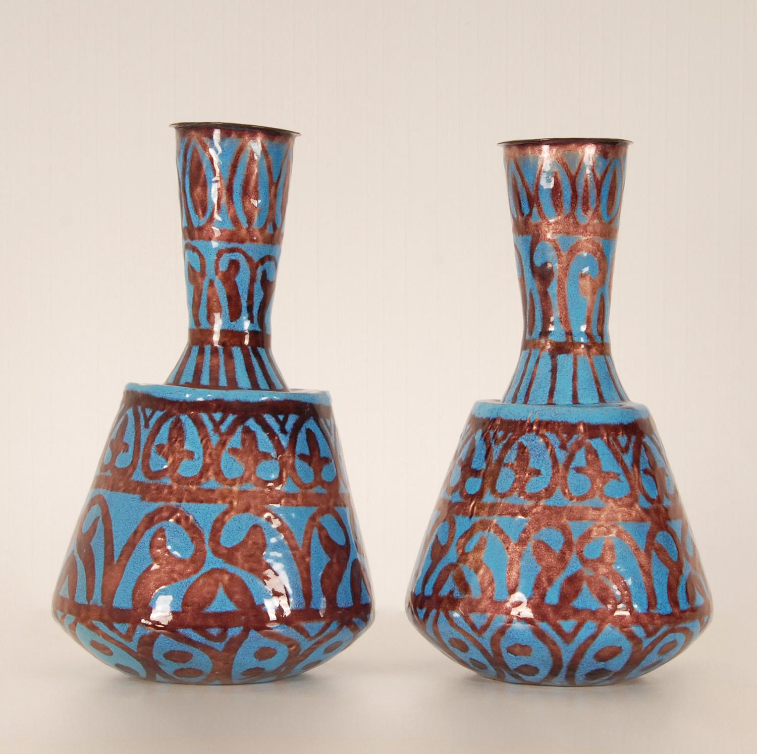 Art Deco Vases Turqoise Blue and Iridescent Enamel on Copper Geometric Design Va In Good Condition For Sale In Wommelgem, VAN