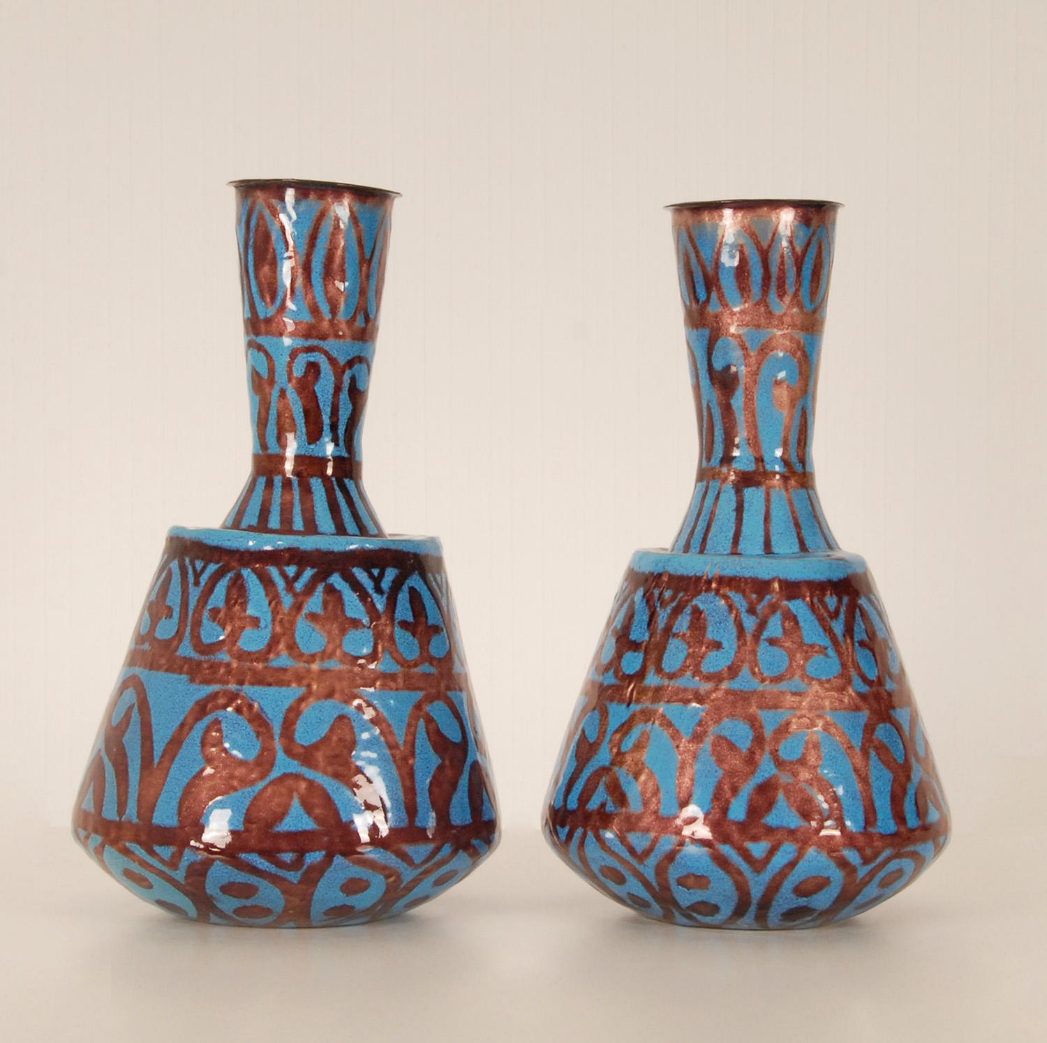 Early 20th Century Art Deco Vases Turqoise Blue and Iridescent Enamel on Copper Geometric Design Va For Sale