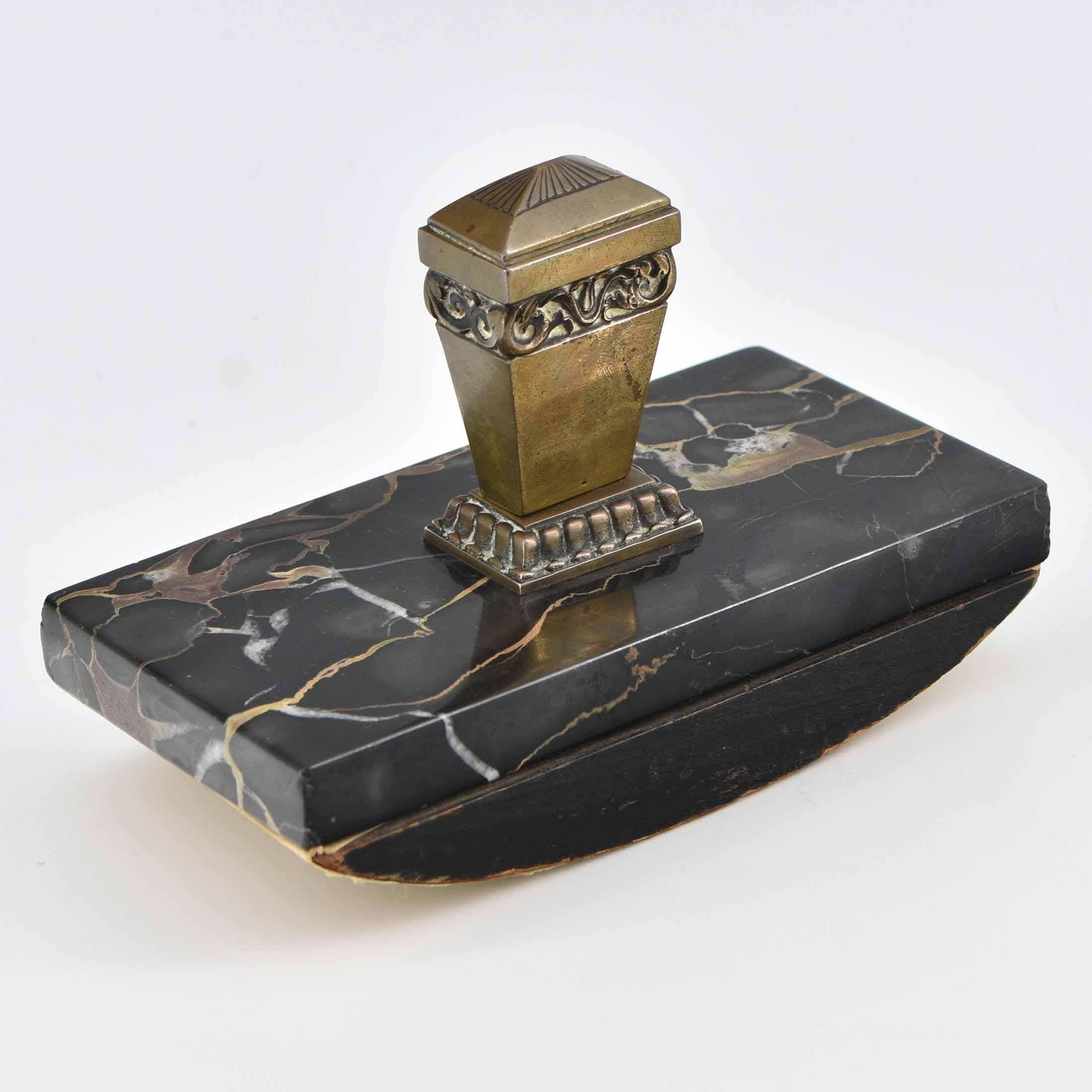 Art Deco Veined Marble & Brass Desk Ink Well Stand Circa 1930 3