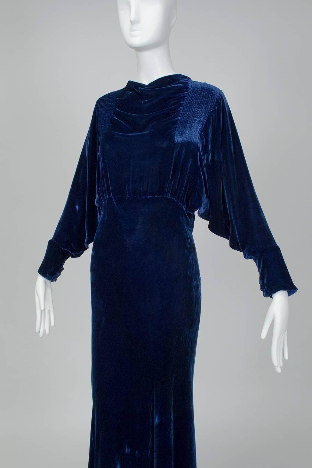 Black Art Deco Velvet Batwing Bias Gown and Hair Garland, 1930s