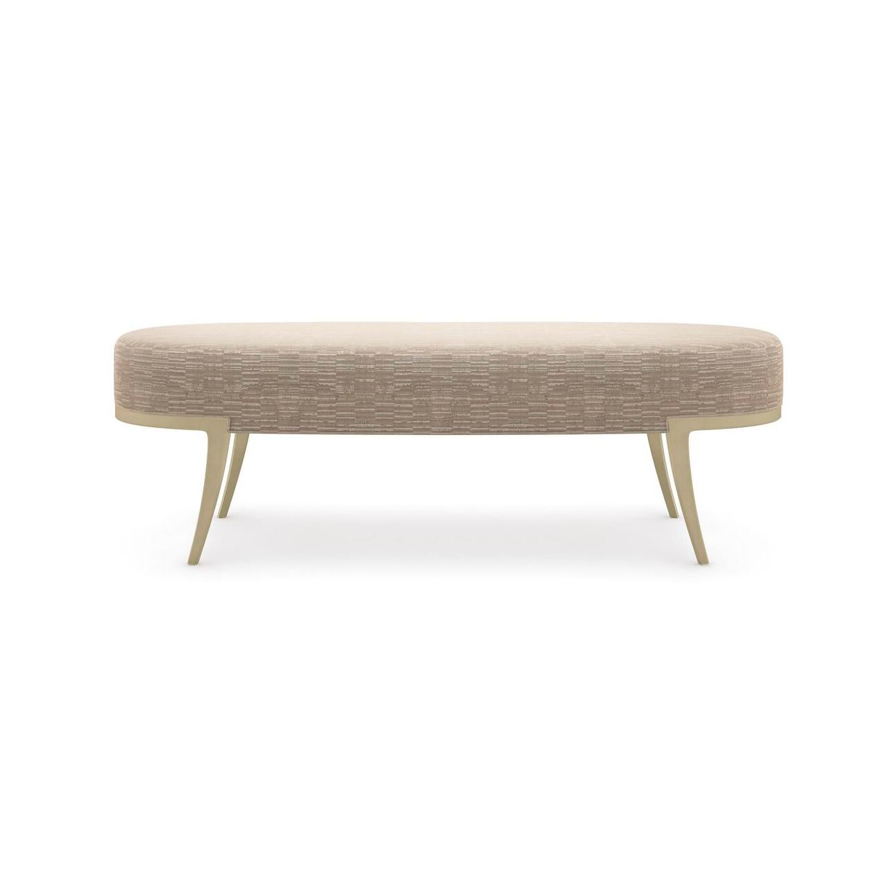 An alluring accent with tactile appeal, this bedroom bench makes a striking impression in a metallic, Belgian cut velvet. Its classic oval shape is beautifully balanced by curved metal legs in a Whisper of Gold. Makes a perfect complement to the end