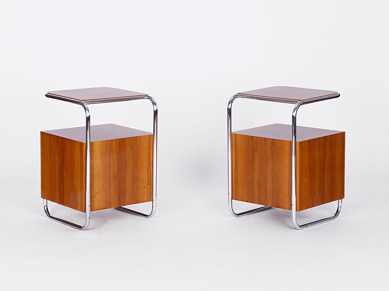 Art Deco Veneered Walnut Chrome and Tubular Steel Sideboards  Vichr, Set of 2 In Excellent Condition For Sale In Wien, AT