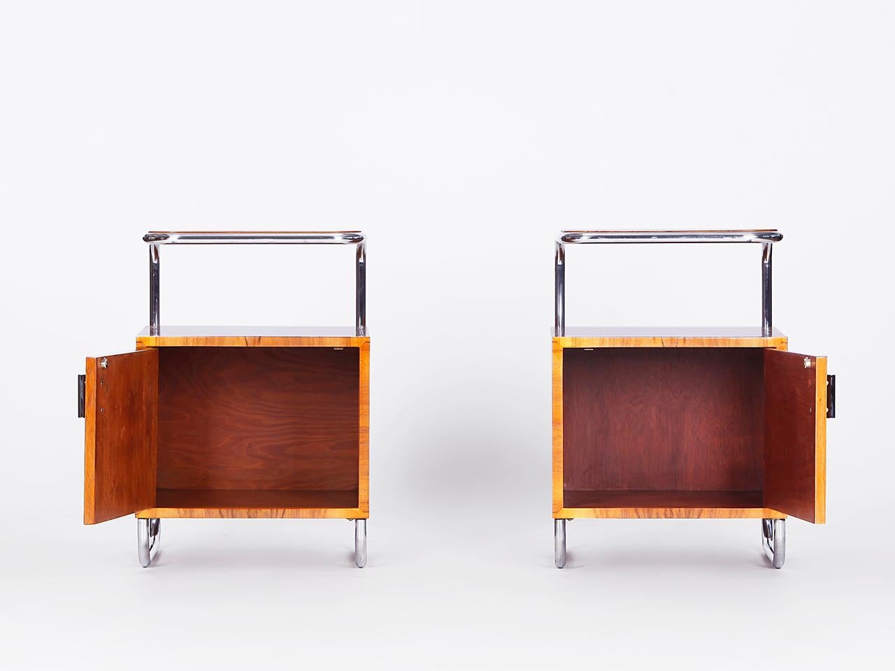 20th Century Art Deco Veneered Walnut Chrome and Tubular Steel Sideboards  Vichr, Set of 2 For Sale