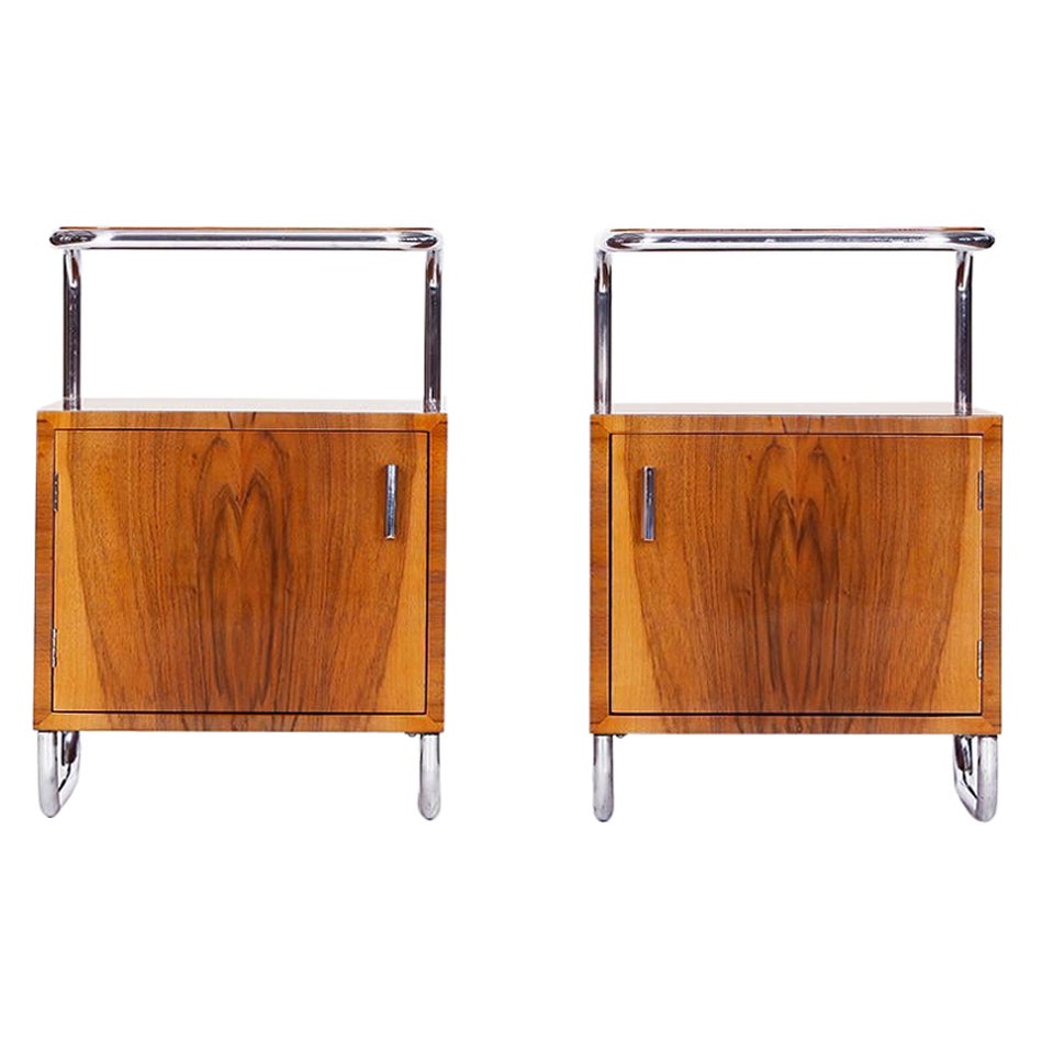 Aparadores Art Déco Chapados en Nogal Cromado y Acero Tubular  Vichr, set de 2 en venta