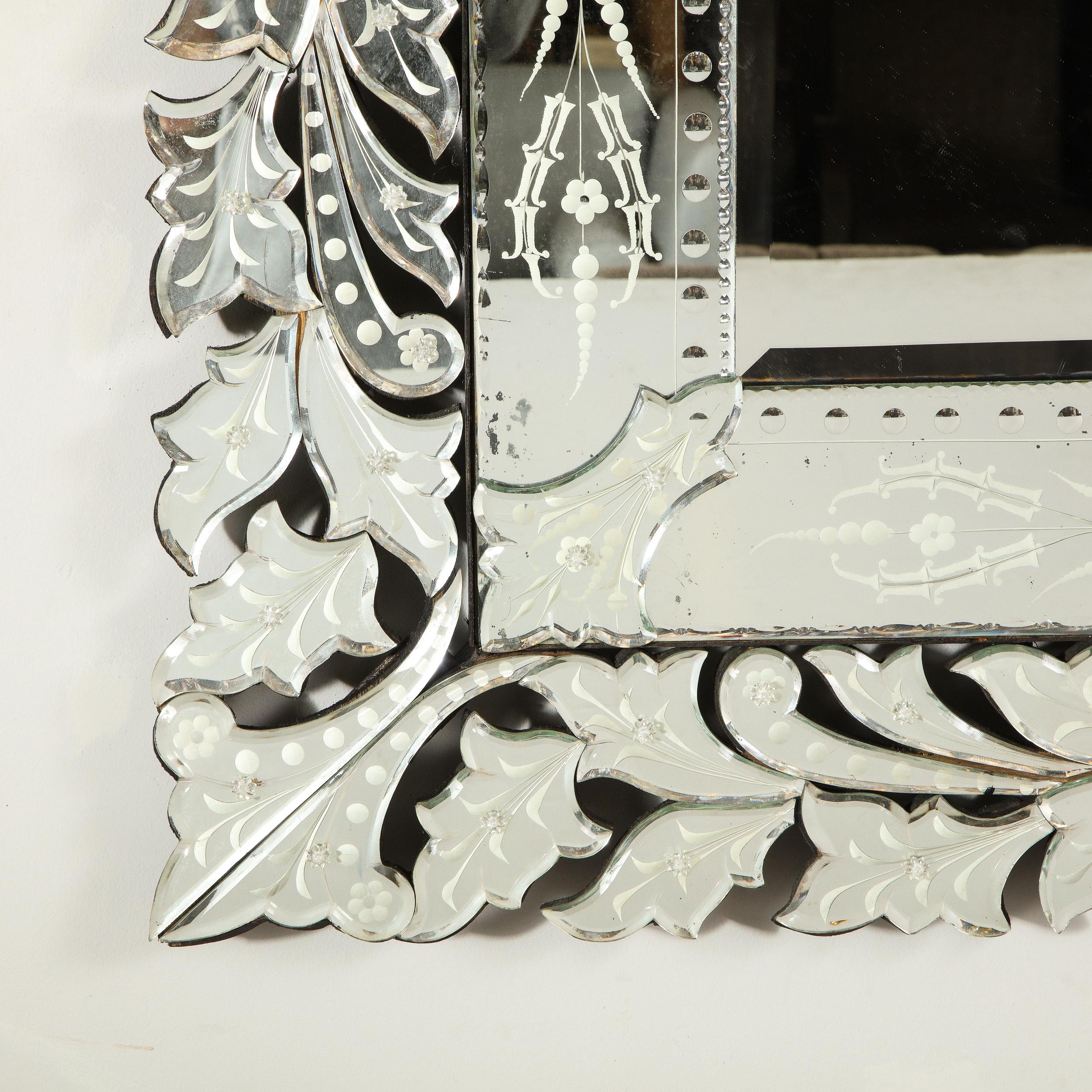 This stunning Art Deco mirror was realized in Italy, circa 1940. It features chain beveling around the perimeter, and a stylized flame motif consisting of an abundance of abstracted forms cut from mirrored glass emanating from the square center. The