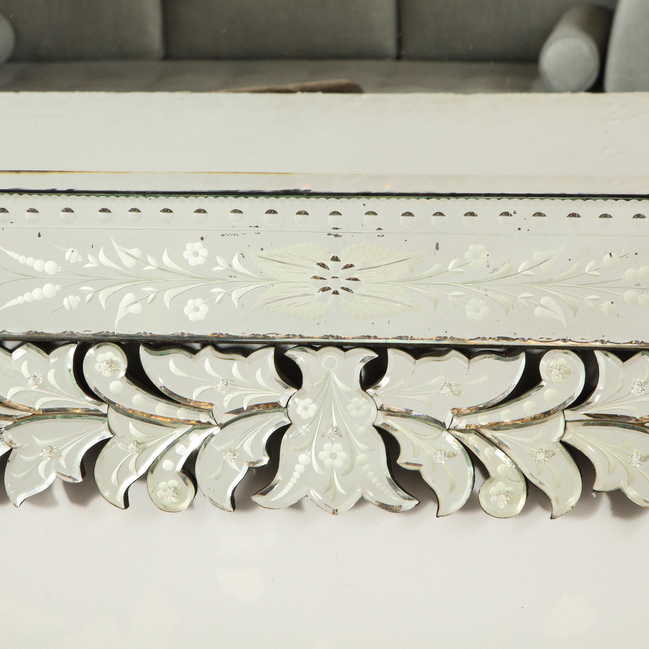 Italian Art Deco Venetian Etched & Beveled Mirror w/ Stylized Floral Motifs