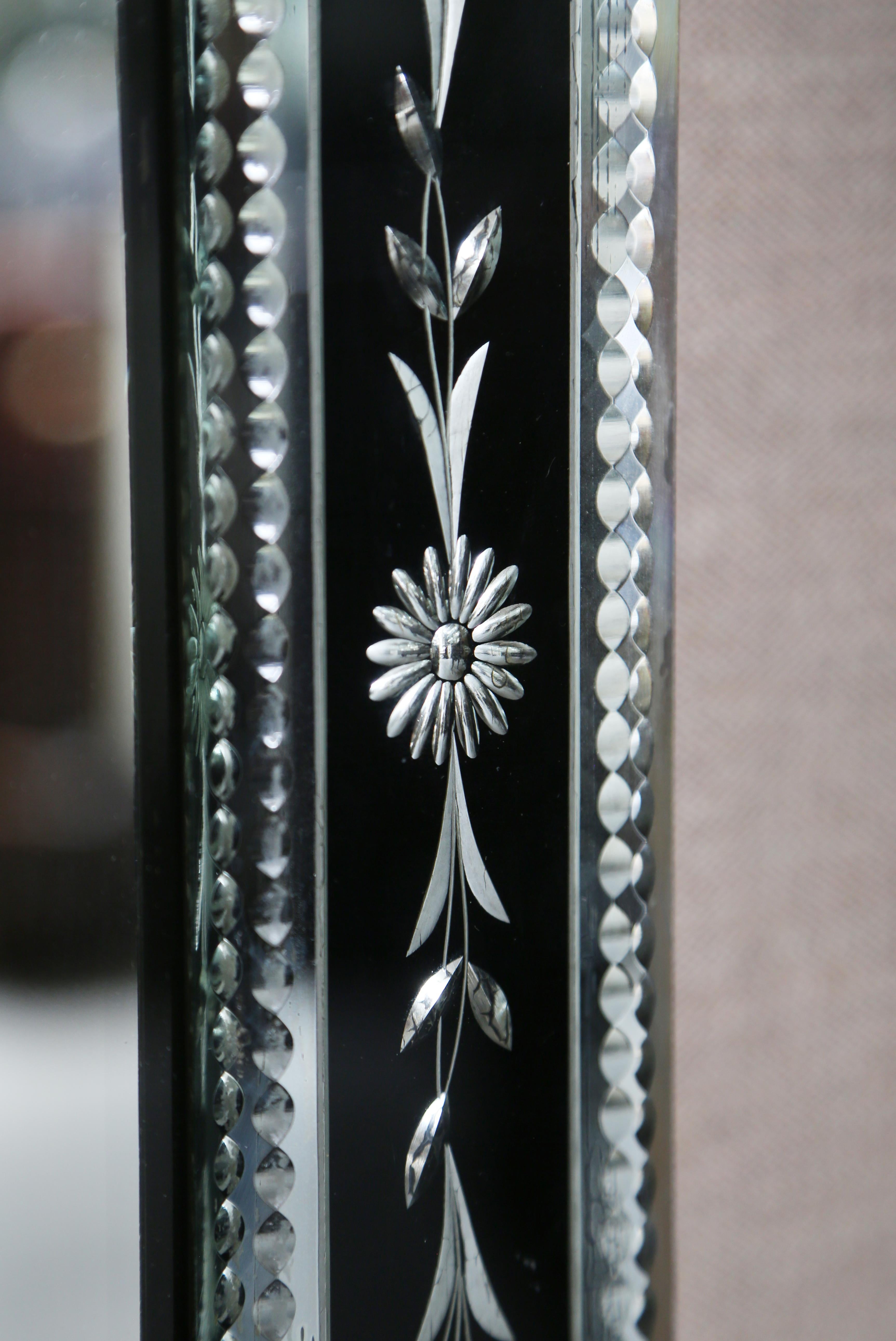 Beveled  Art Deco Venetian Glass Mirror in Black and Clear