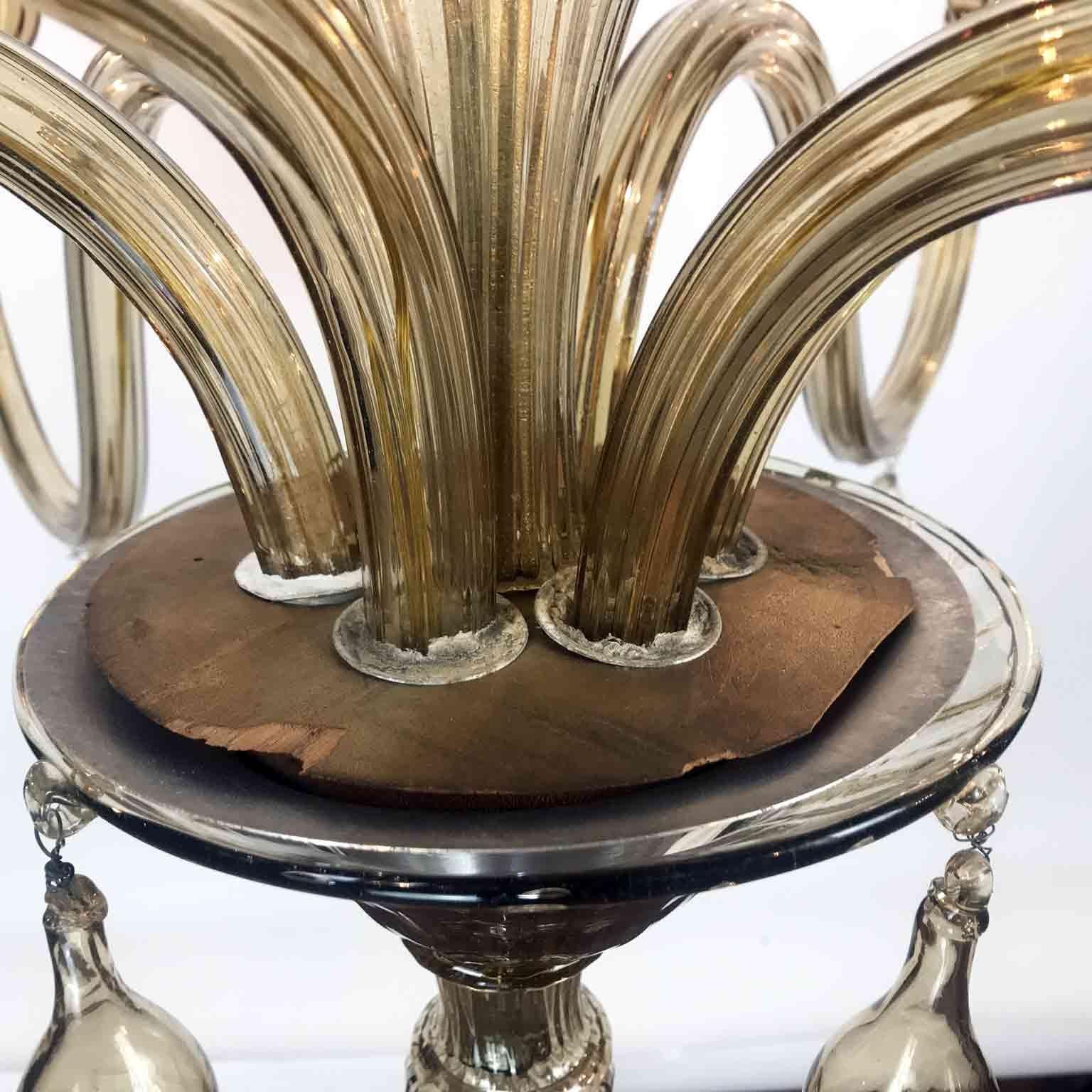  Venetian Murano Smoked Blown Glass Chandelier 1920s Venini Style 8