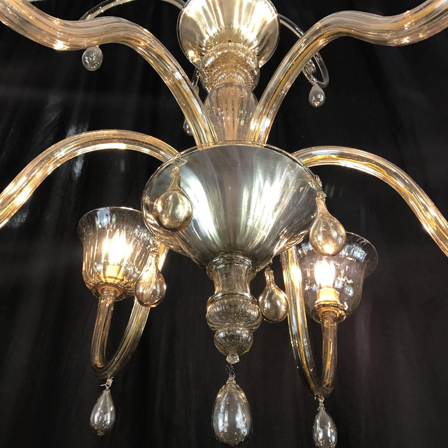  Venetian Murano Smoked Blown Glass Chandelier 1920s Venini Style 4