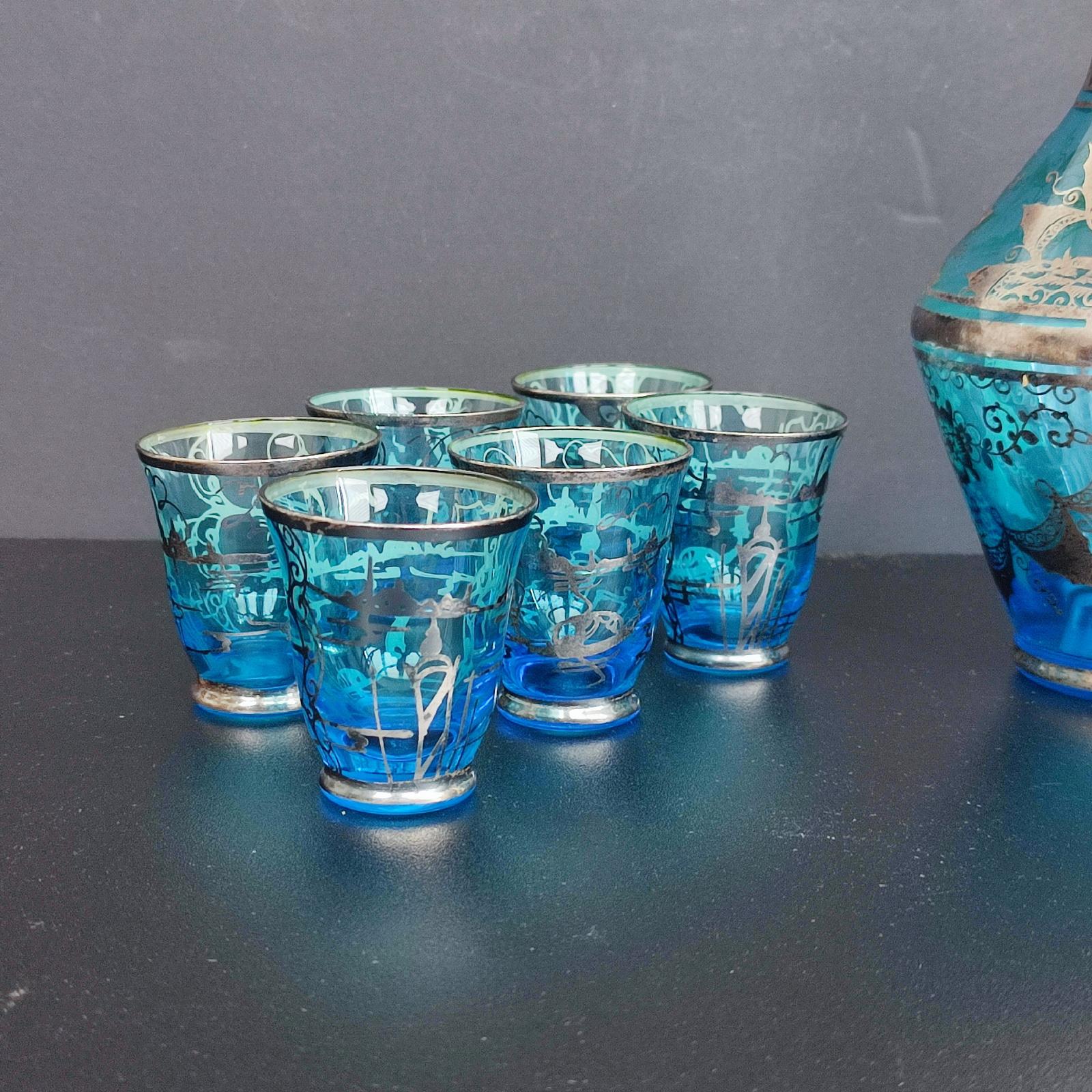 Juego de licor Art Déco veneciano de vidrio con superposición de plata, Italia, años 30 Italiano en venta