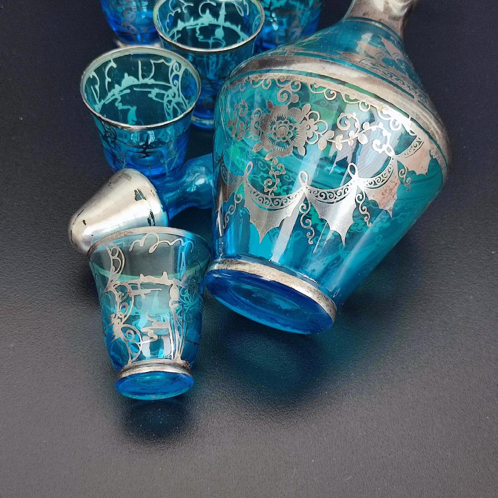 Mid-20th Century Art Deco Venetian Silver Overlay Glass Liquor Set, Italy, 1930s For Sale