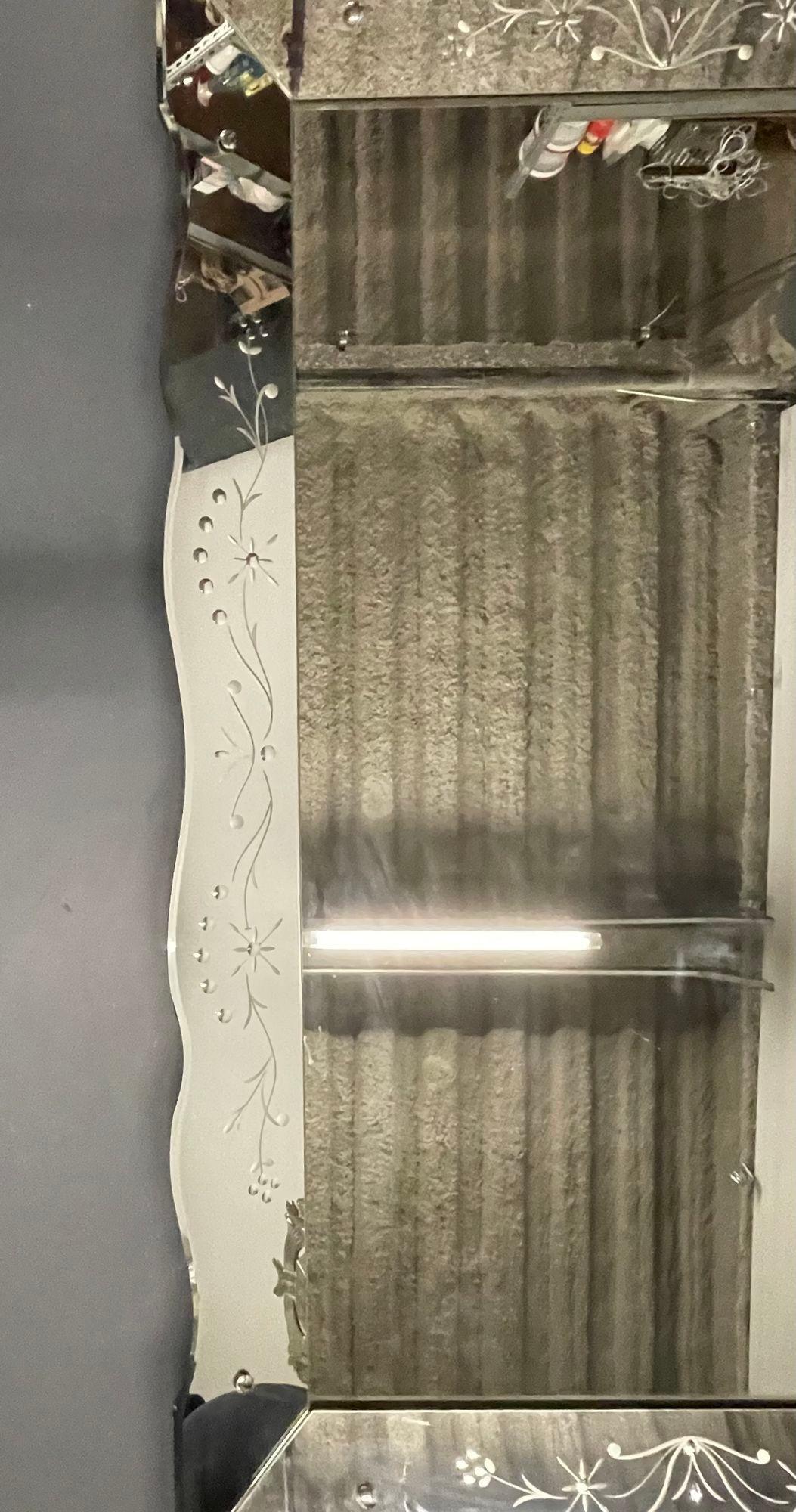 Art Deco Venetian Wall / Console Mirror, Etched Glass Floral Motif For Sale 2