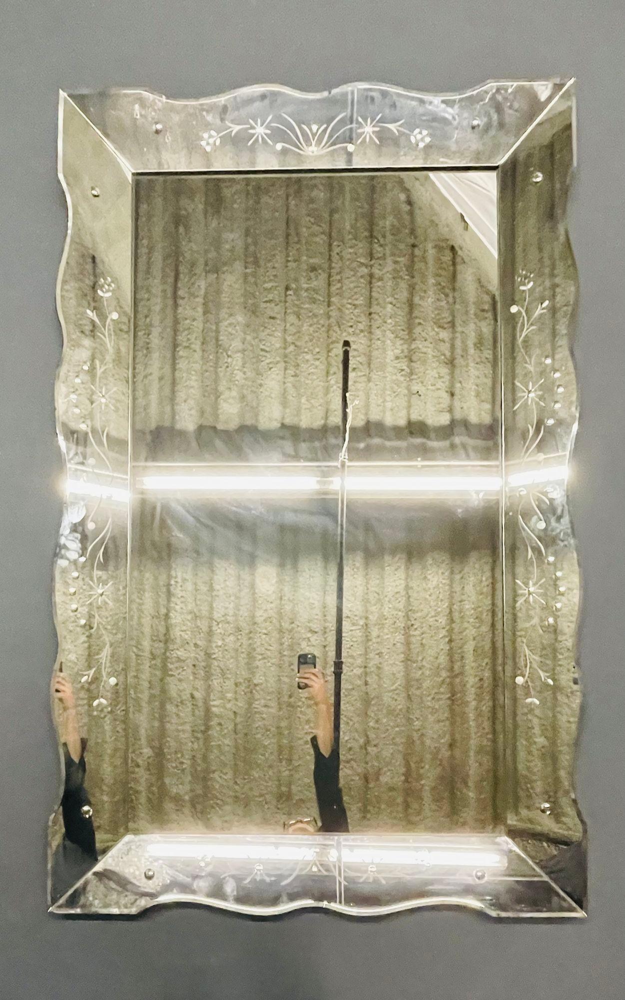 Art Deco Venetian Wall / Console Mirror, Etched Glass Floral Motif For Sale 4