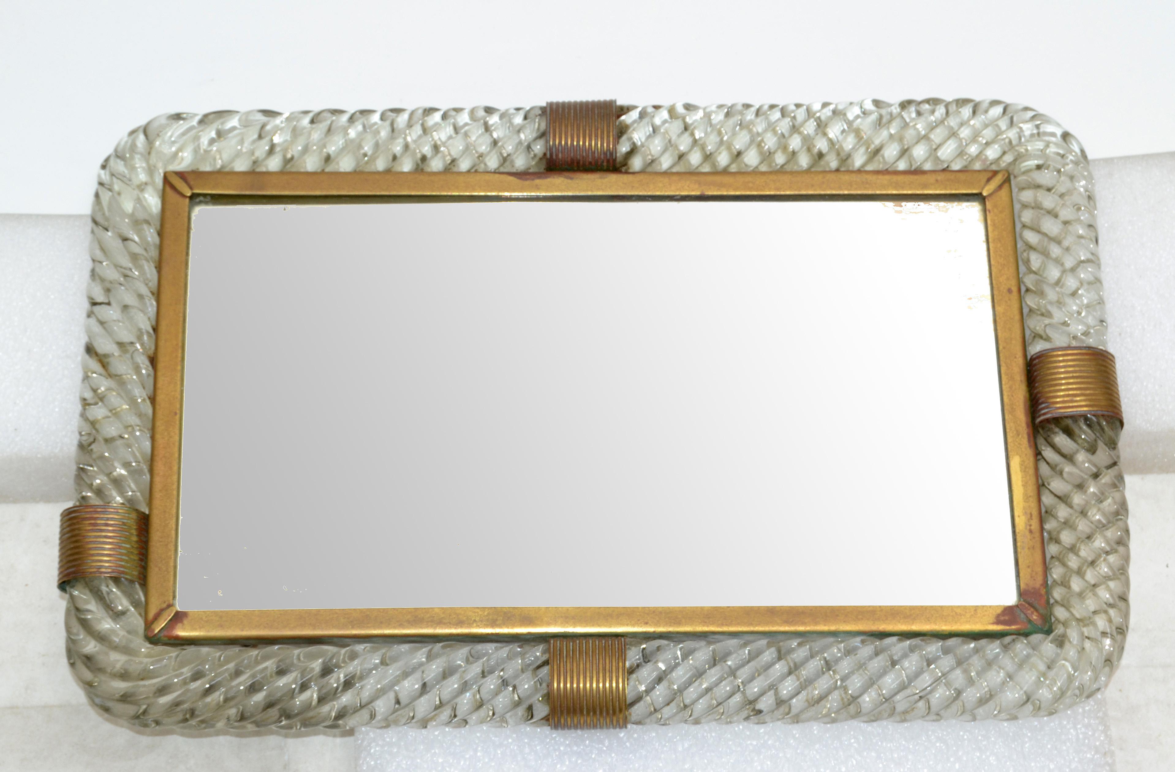 Italian Art Deco Venini Blown Murano Glass & Brass Venetian Mirrored Tray, Table Mirror