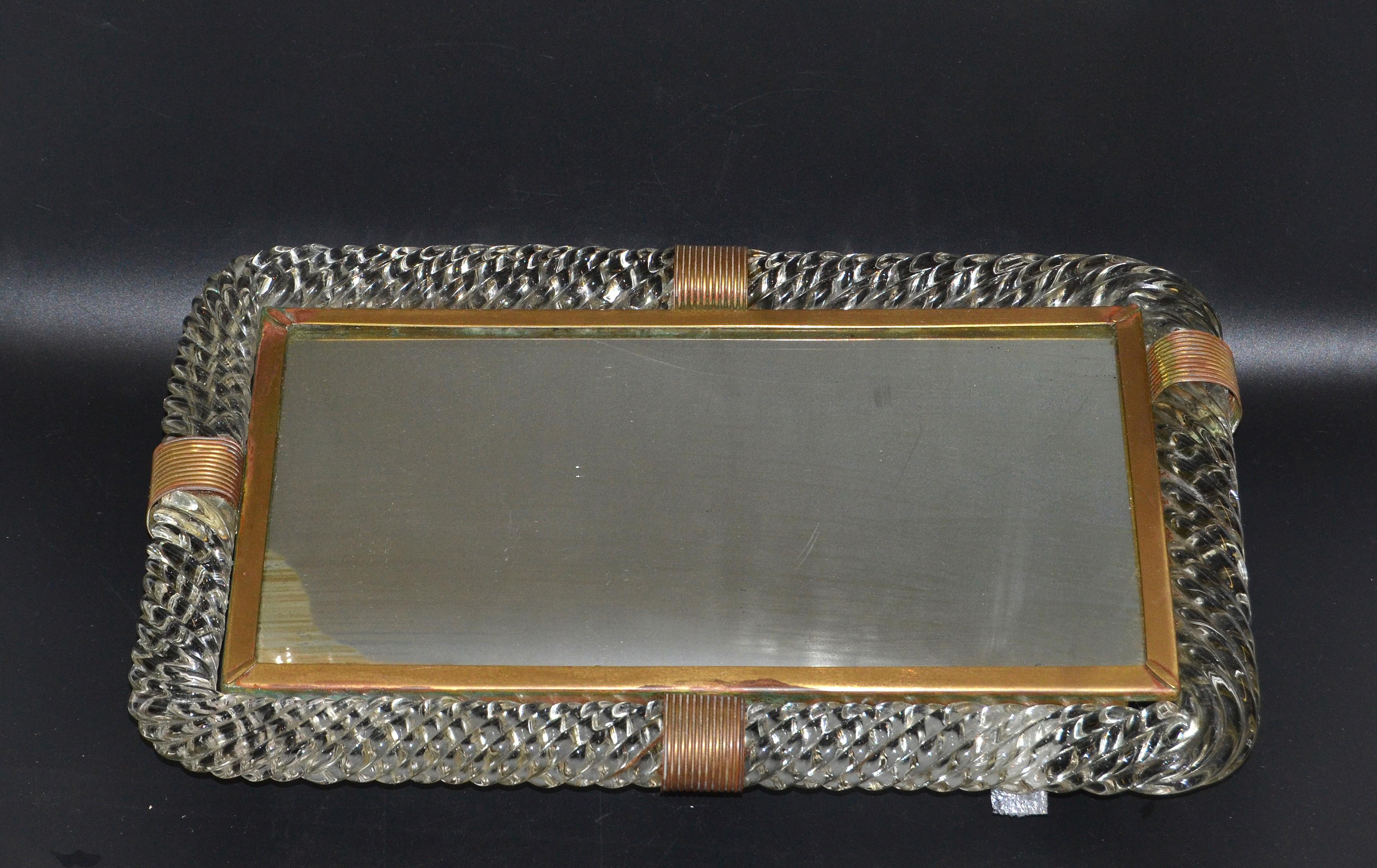 Mid-20th Century Art Deco Venini Blown Murano Glass & Brass Venetian Mirrored Tray, Table Mirror