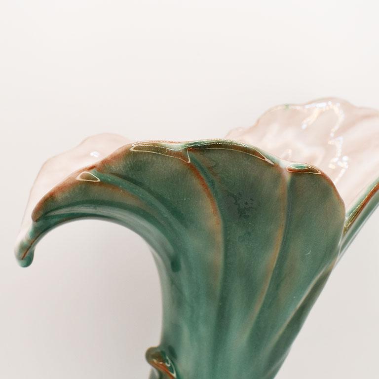 Mid-Century Modern Art Deco Verdigris Green and Pink Ceramic Fluted Vase by Stangl Pottery