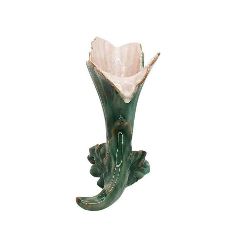 American Art Deco Verdigris Green and Pink Ceramic Fluted Vase by Stangl Pottery