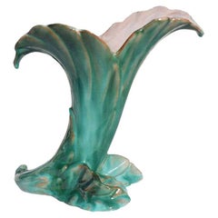 Art Deco Verdigris Green and Pink Ceramic Fluted Vase by Stangl Pottery