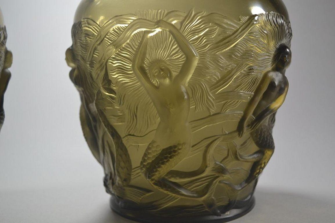 French Art Deco Verlys France Pair of Vases with Mermaids For Sale