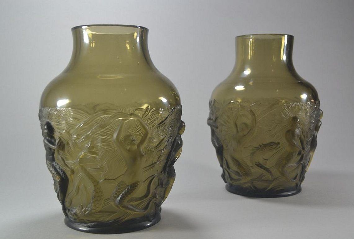 Art Deco Verlys France Pair of Vases with Mermaids In Good Condition For Sale In Barjols, FR