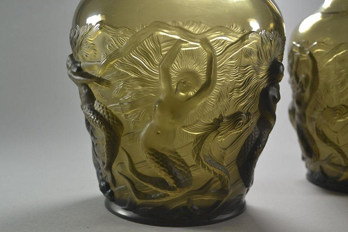 Art Glass Art Deco Verlys France Pair of Vases with Mermaids For Sale