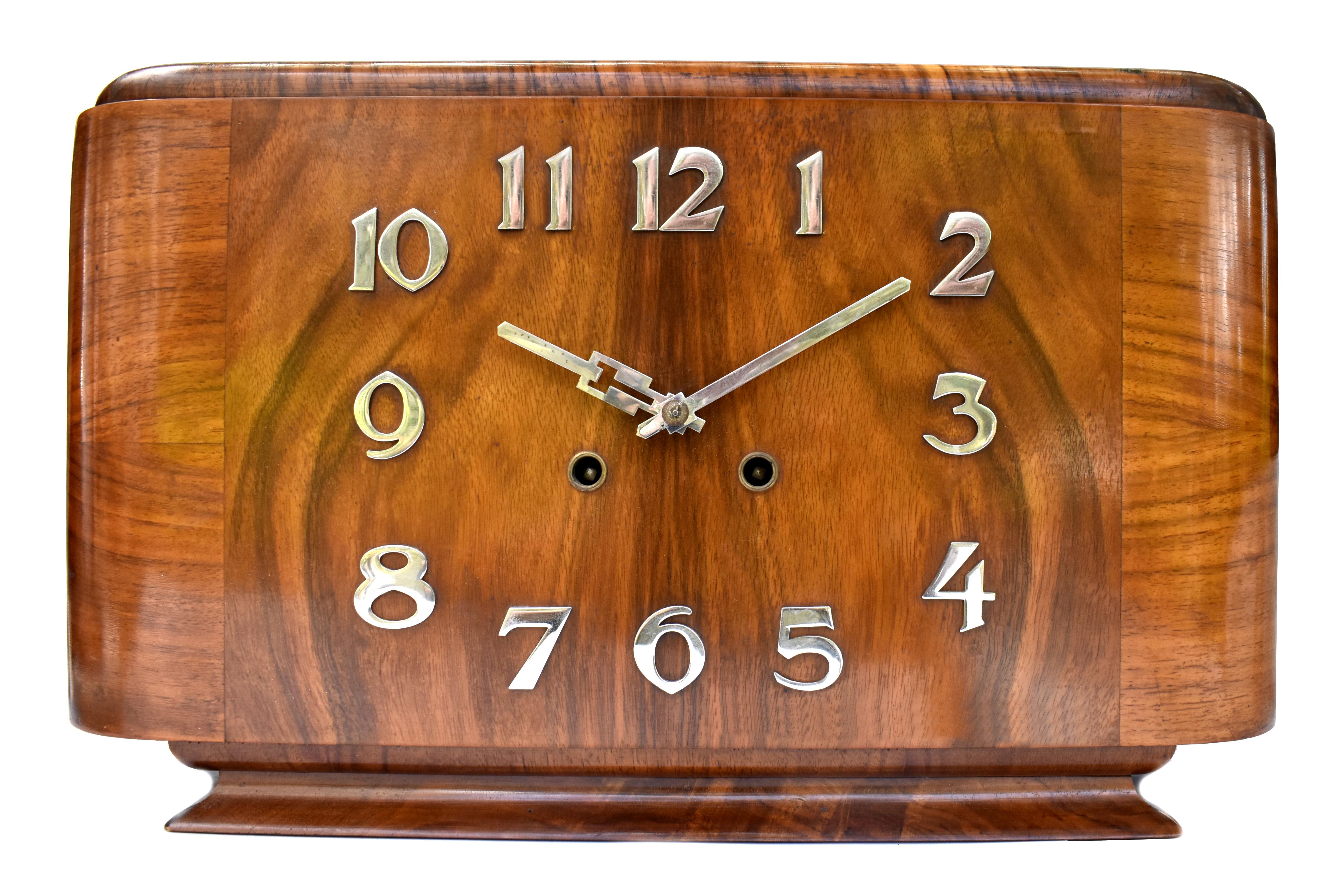 20th Century Art Deco Very Large Walnut & Chrome Mantle Clock, German, c1930