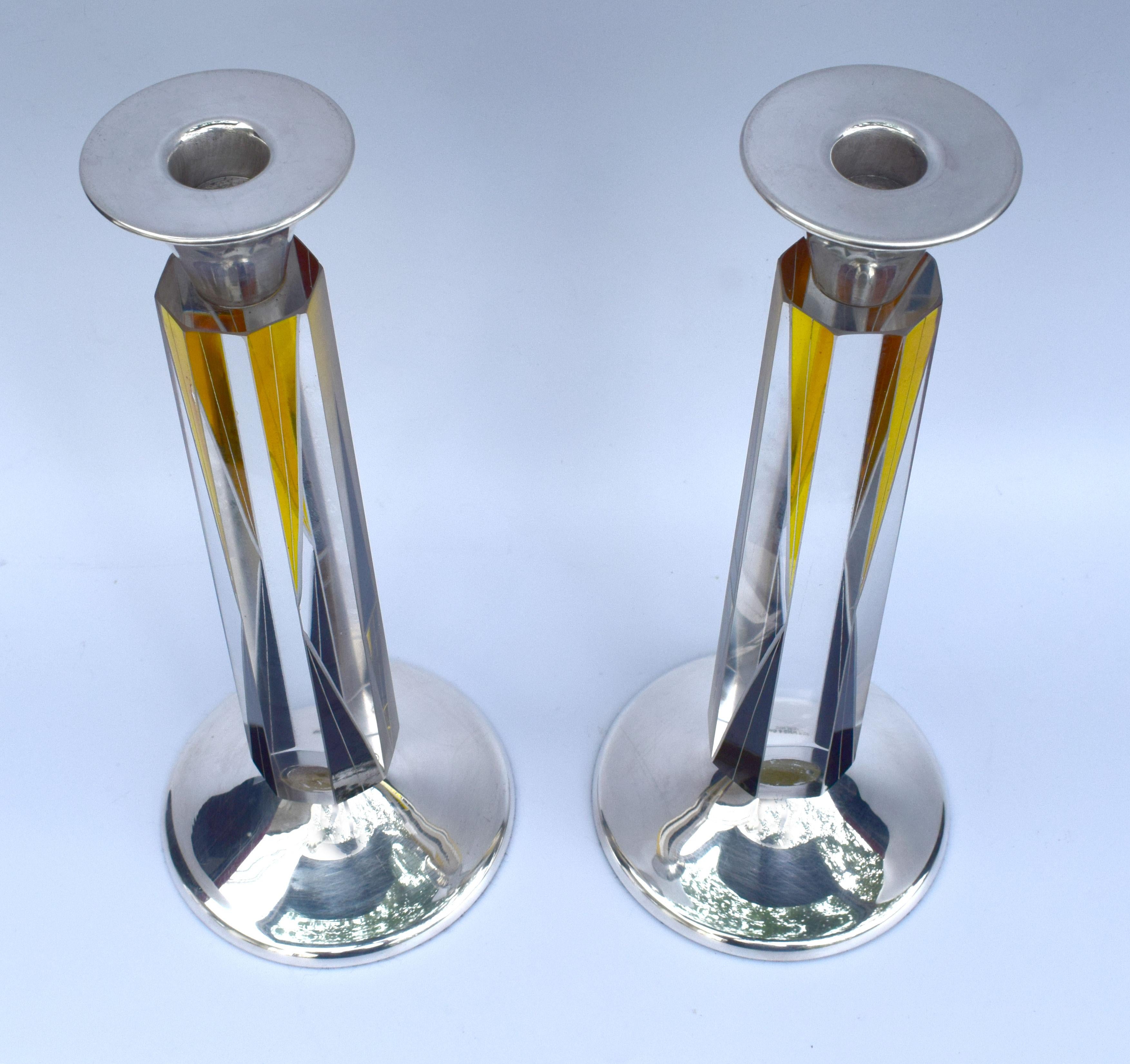 Art Deco Very Tall Matching Pair of Solid Silver & Glass Candlesticks circa 1930 1