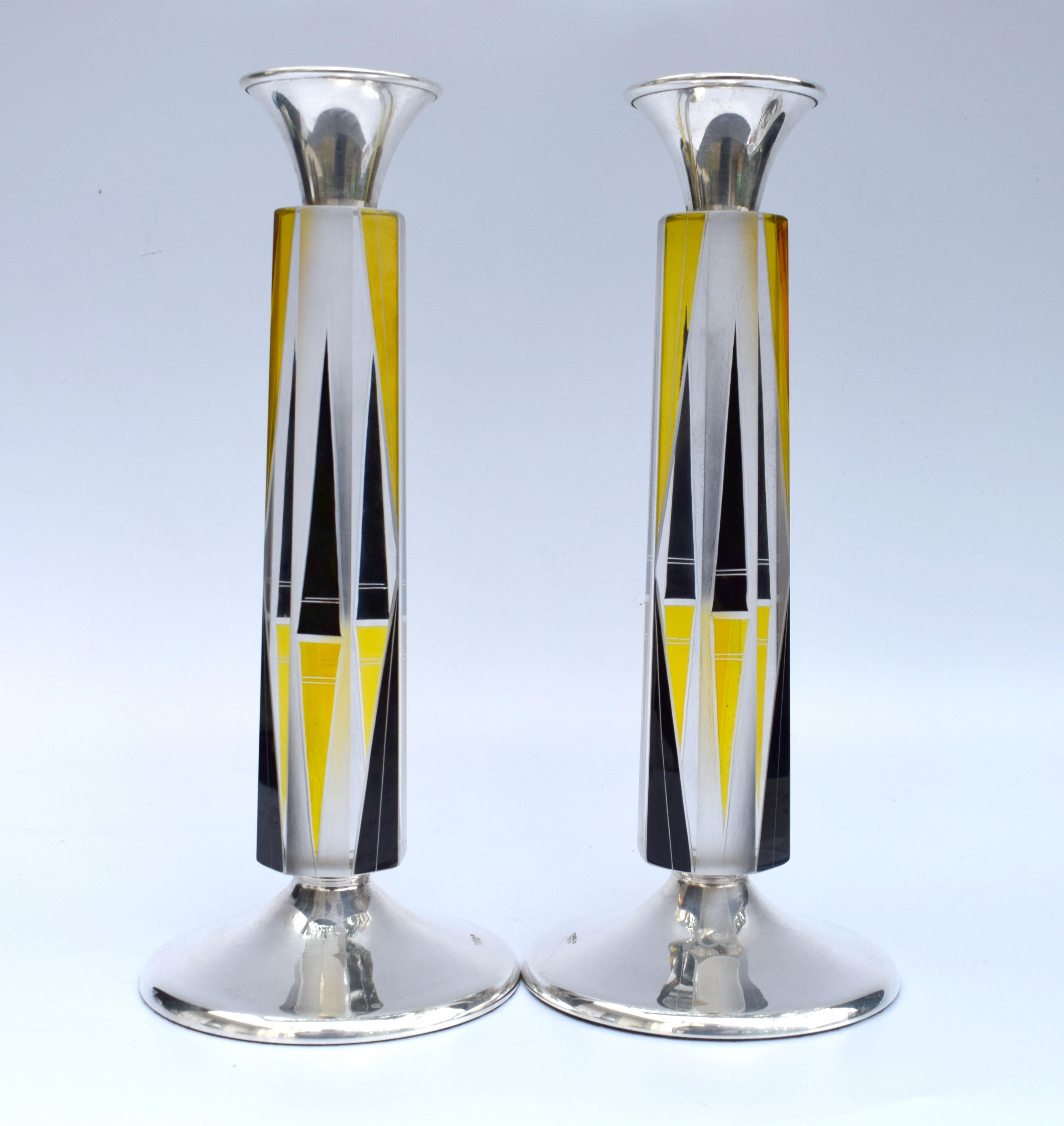 Art Deco Very Tall Matching Pair of Solid Silver & Glass Candlesticks circa 1930 3