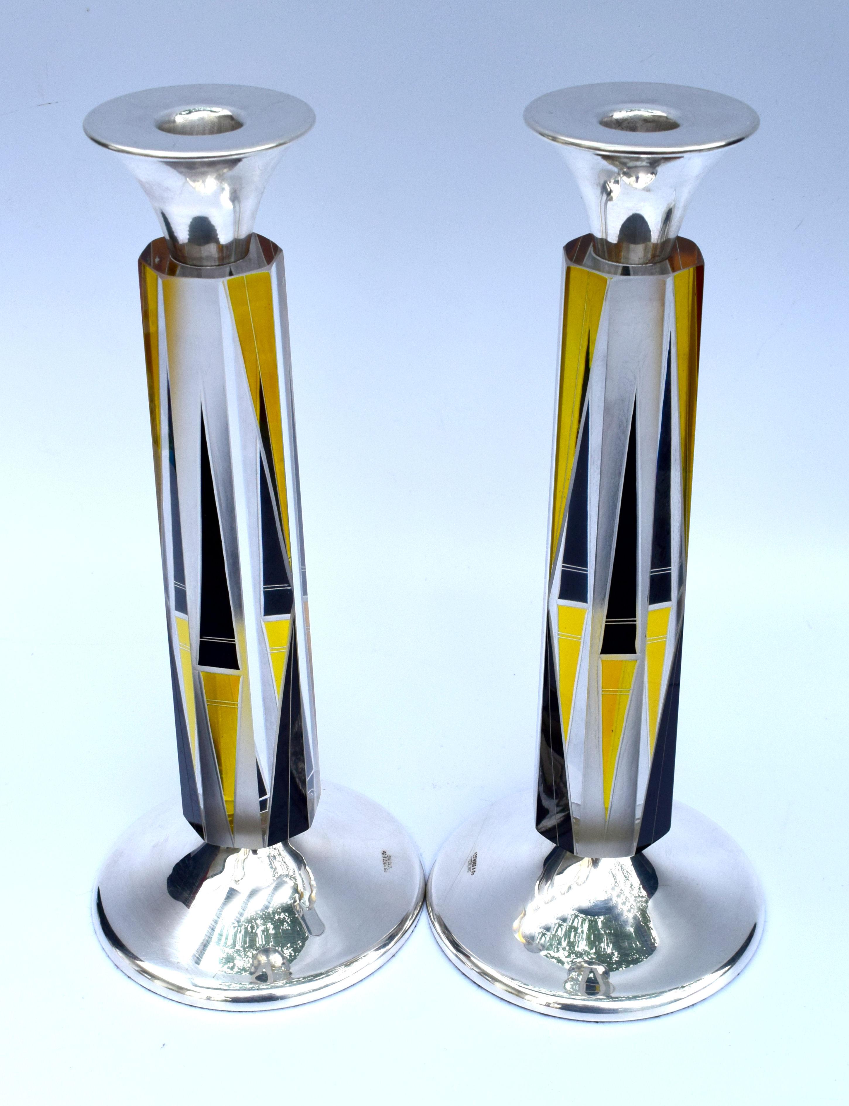 Art Deco Very Tall Matching Pair of Solid Silver & Glass Candlesticks circa 1930 4