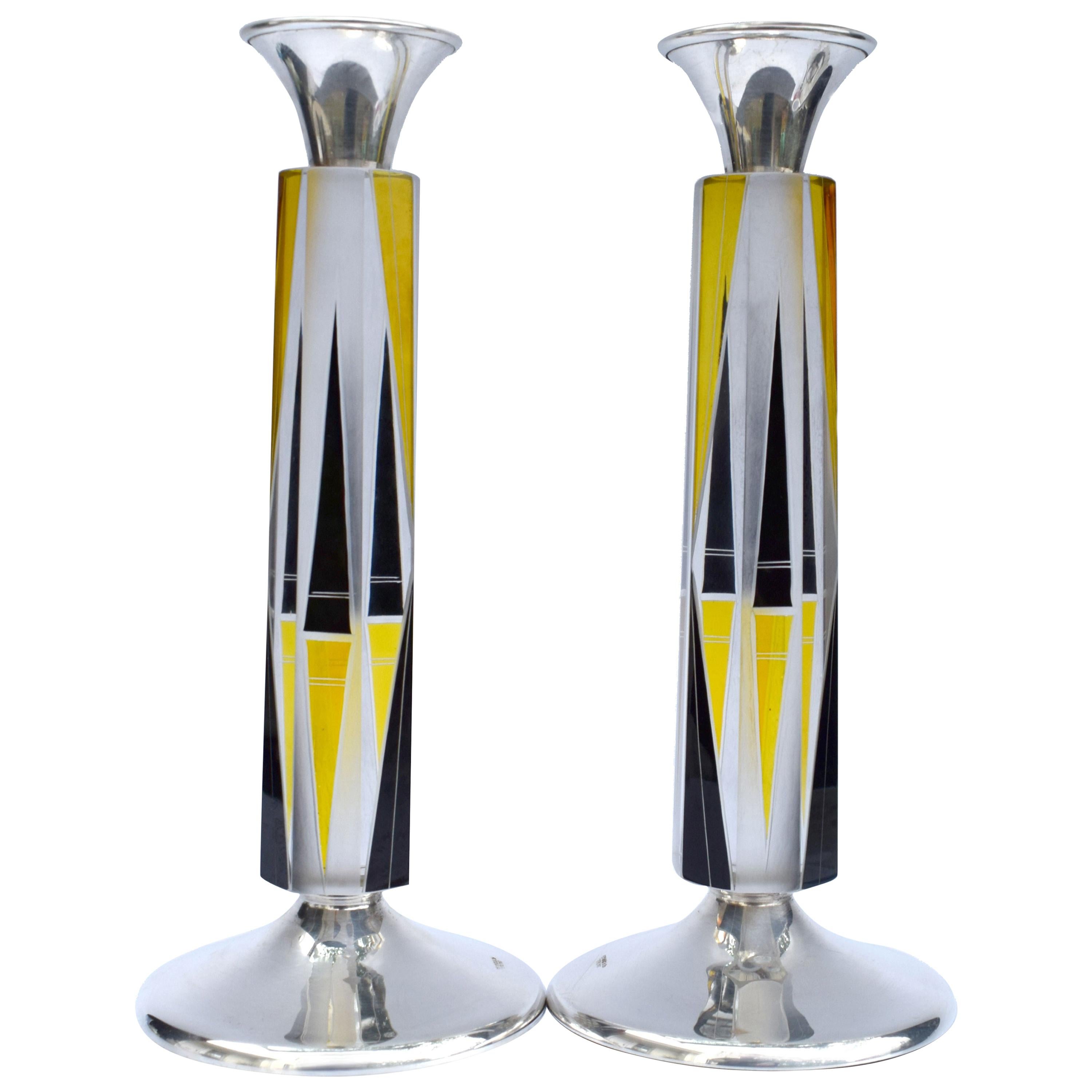 Art Deco Very Tall Matching Pair of Solid Silver & Glass Candlesticks circa 1930