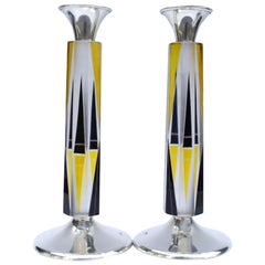 Vintage Art Deco Very Tall Matching Pair of Solid Silver & Glass Candlesticks circa 1930