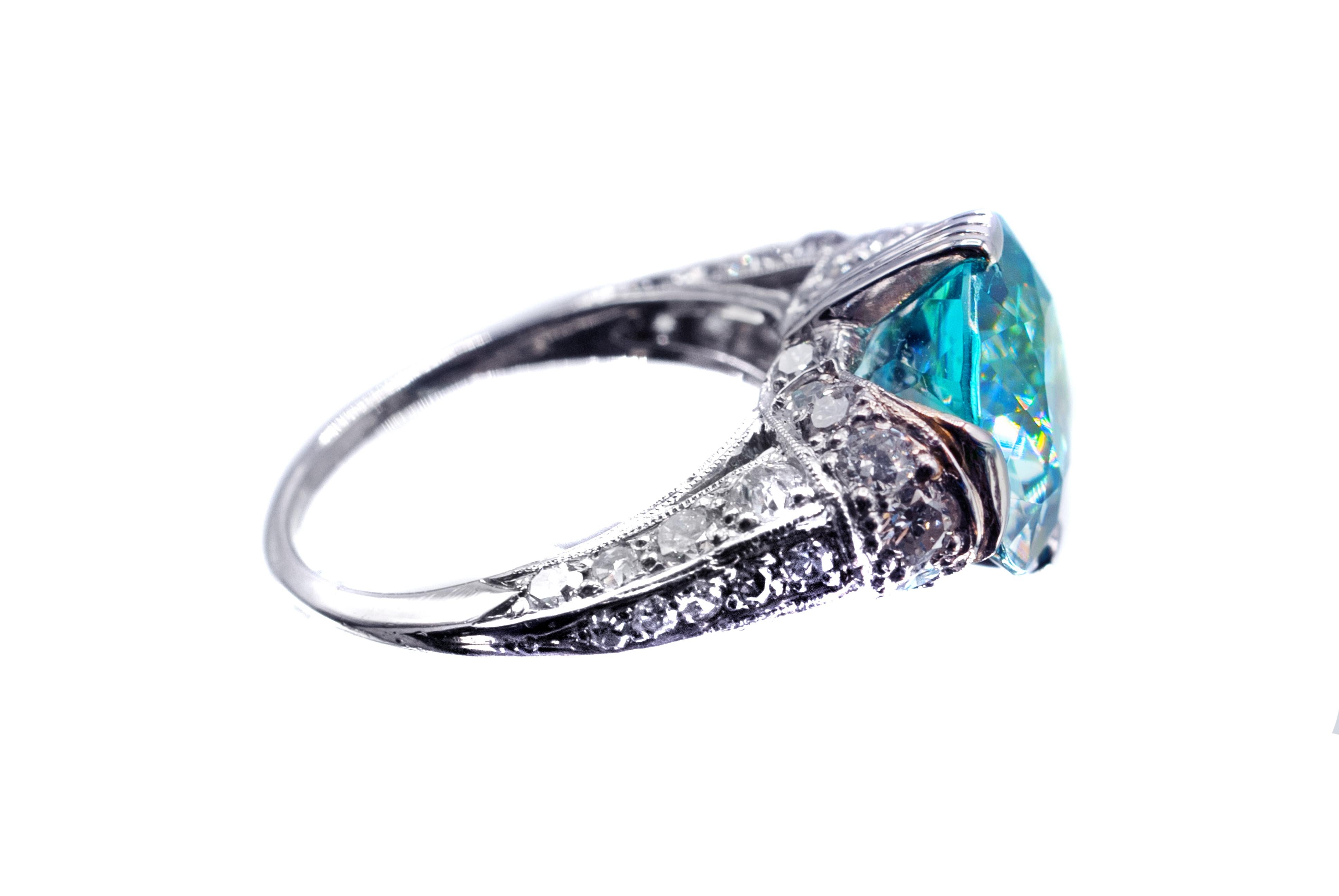 Art Deco Vibrant Blue Zircon Platinum Diamond Ring In Excellent Condition In New York, NY
