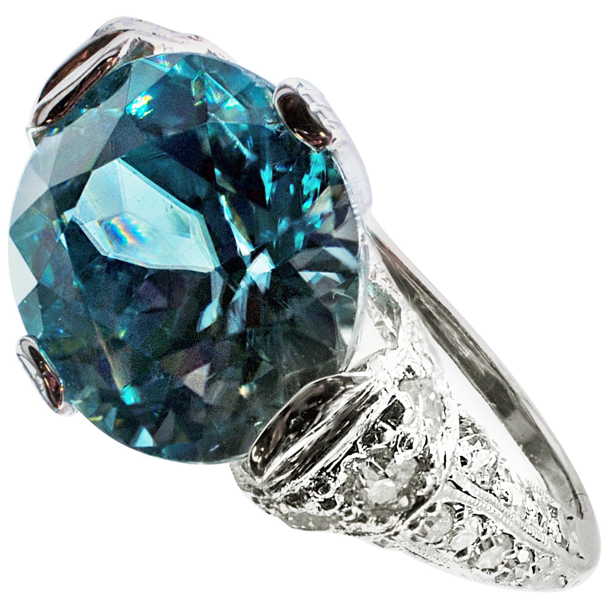 Art Deco Vibrant Blue Zircon Platinum Diamond Ring